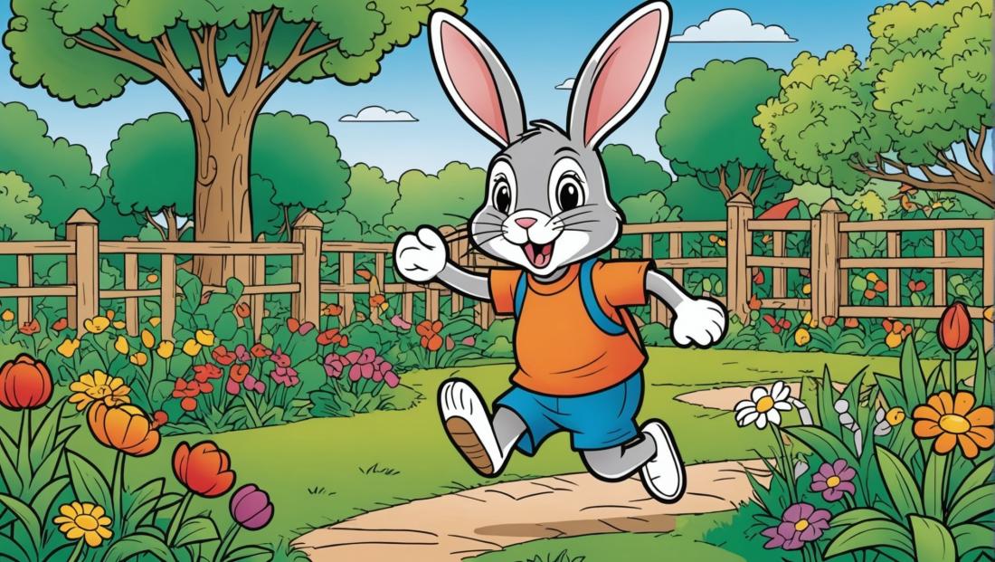 Free coloring page to print Rabbit hopping through a garden.