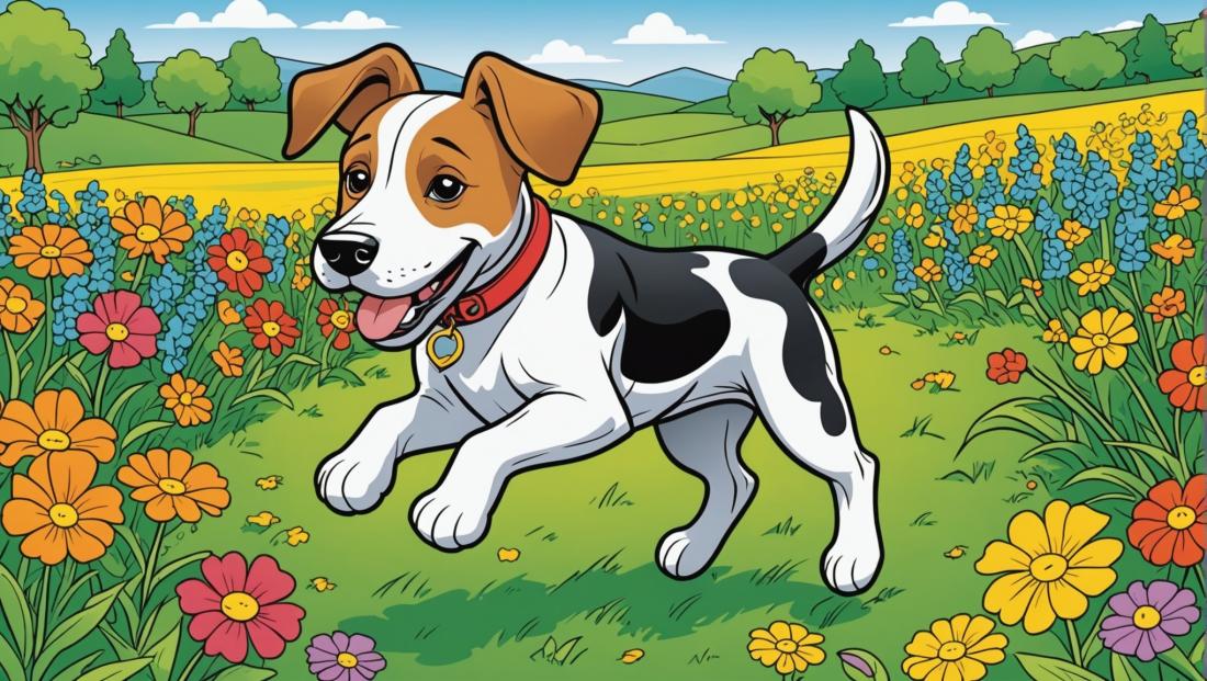 Free coloring page to print Dog running in a field of flowers.