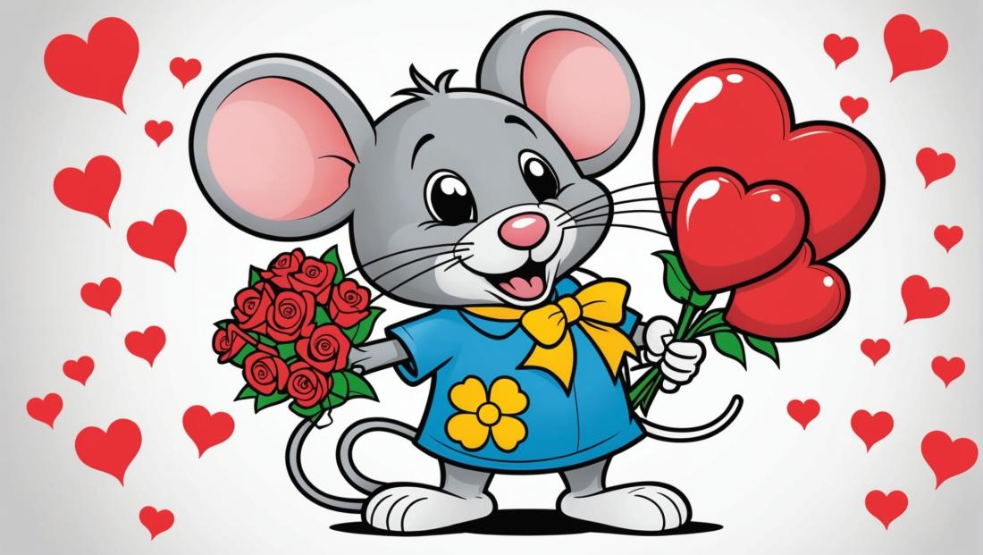 Free coloring page to print Mouse with a bouquet of hearts.