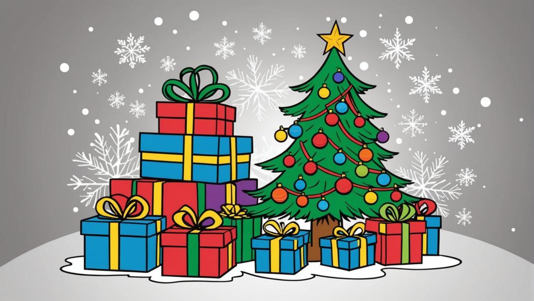 Free coloring page to print Christmas tree with ornaments and gifts