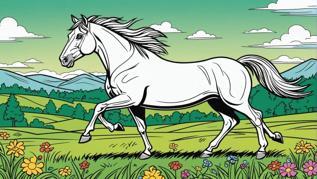 Free coloring page to print Horse galloping through a meadow