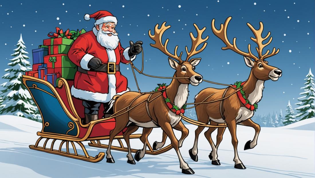 Free coloring page to print Reindeer pulling Santa’s sleigh.