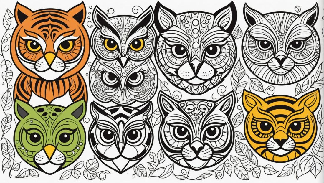 Free coloring page to print an artistic display of animal masks