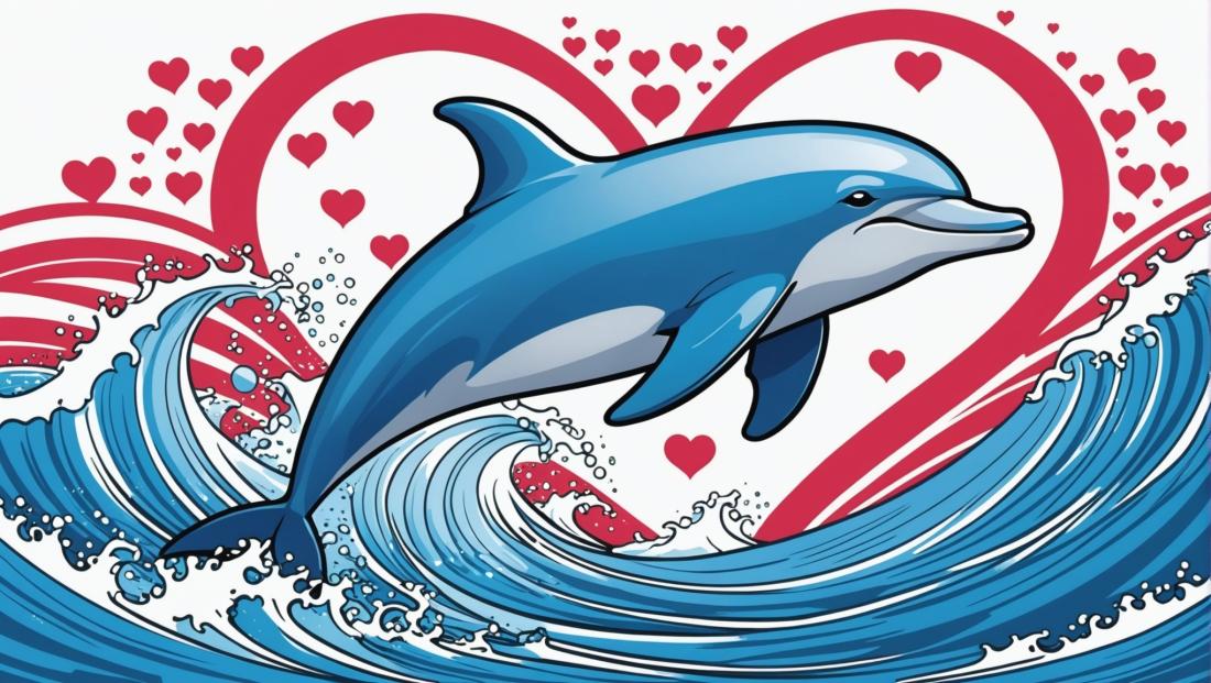 Free coloring page to print Dolphin jumping through heart-shaped waves.