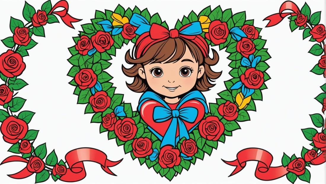 Free coloring page to print Heart wreath with ribbons and roses.