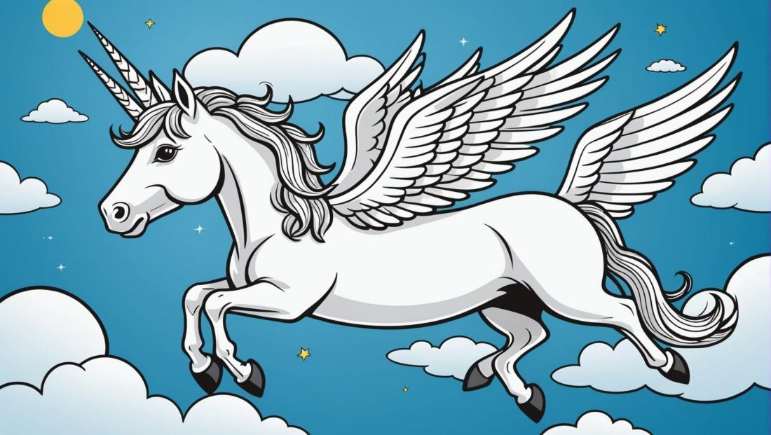 Free coloring page to print Unicorn flying with wings