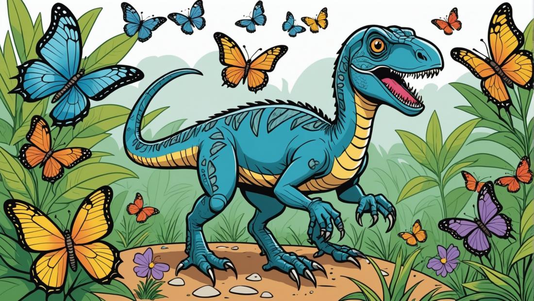 Free coloring page to print Velociraptor playing with butterflies.