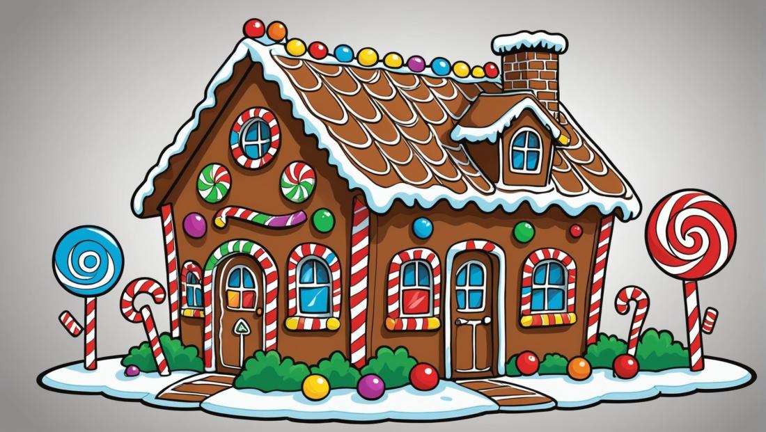 Free coloring page to print Gingerbread house with candy decorations.