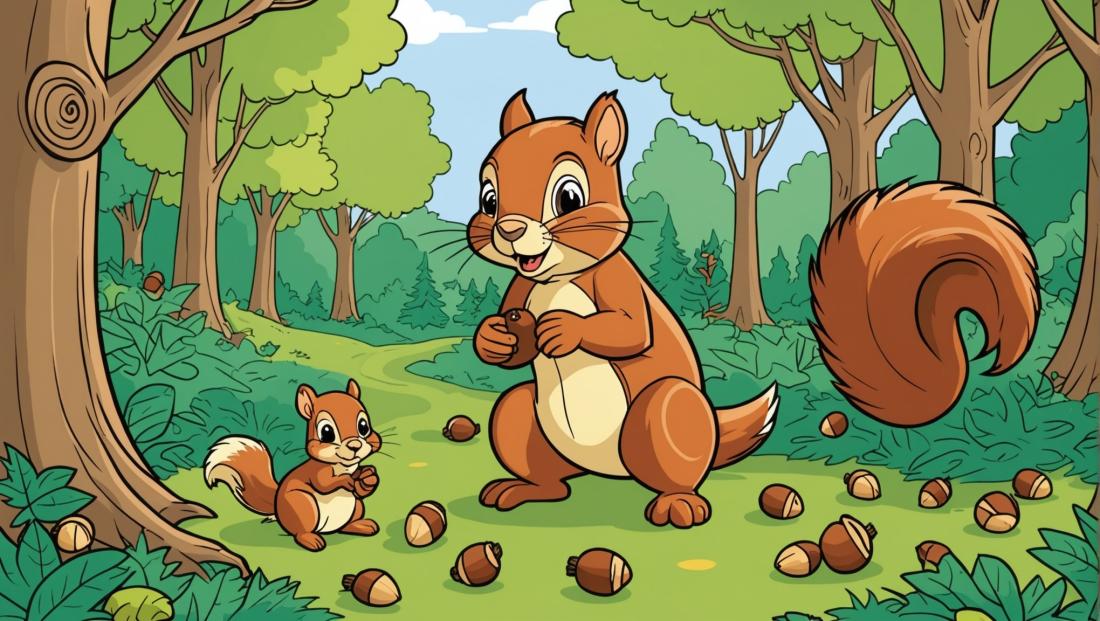 Free coloring page to print Squirrel gathering acorns in forest.