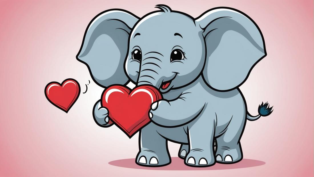 Free coloring page to print Elephant giving a heart-shaped gift.