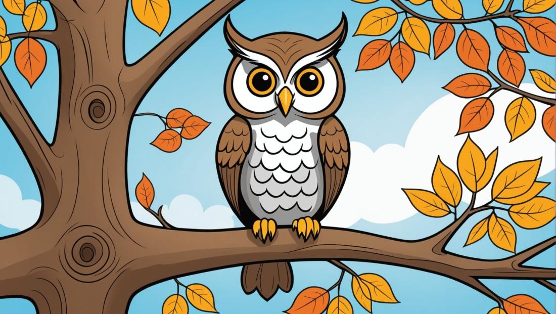 Free coloring page to print Owl sitting on a fall tree branch.