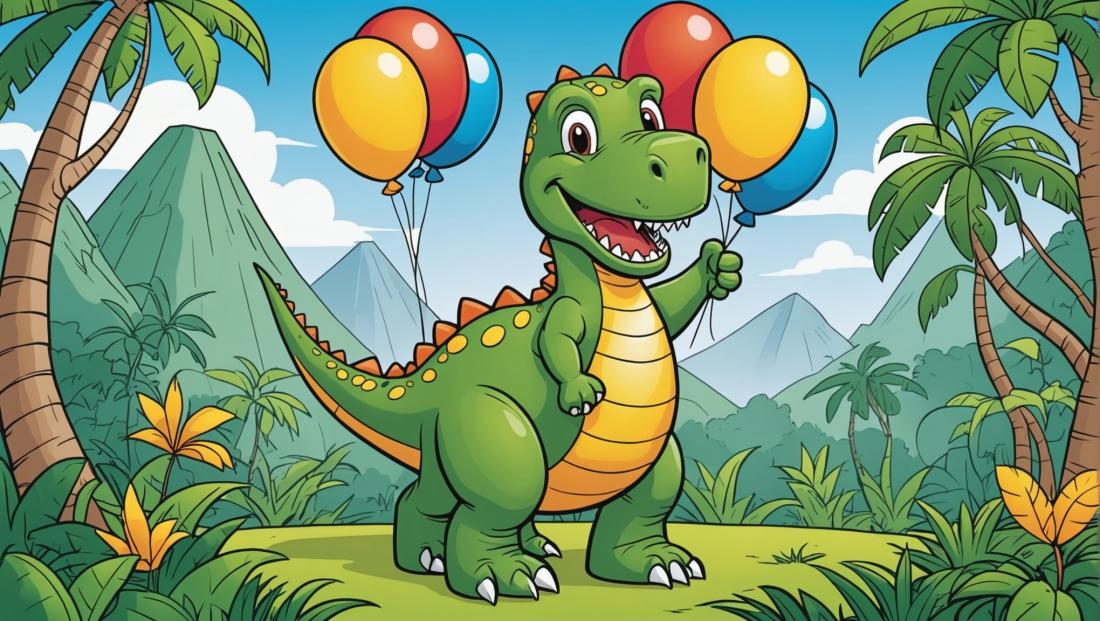 Free coloring page to print Cheerful dinosaur holding balloons