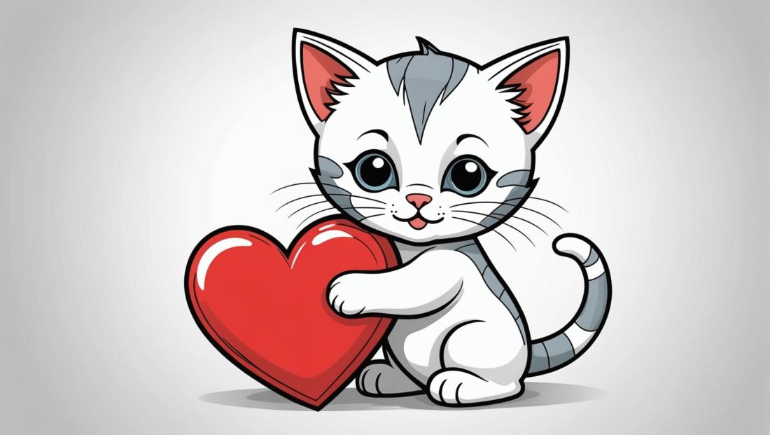 Free coloring page to print Kitten cuddling a big red heart.