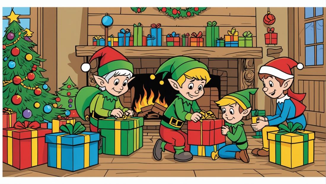 Free coloring page to print Elves wrapping presents at Santa’s workshop