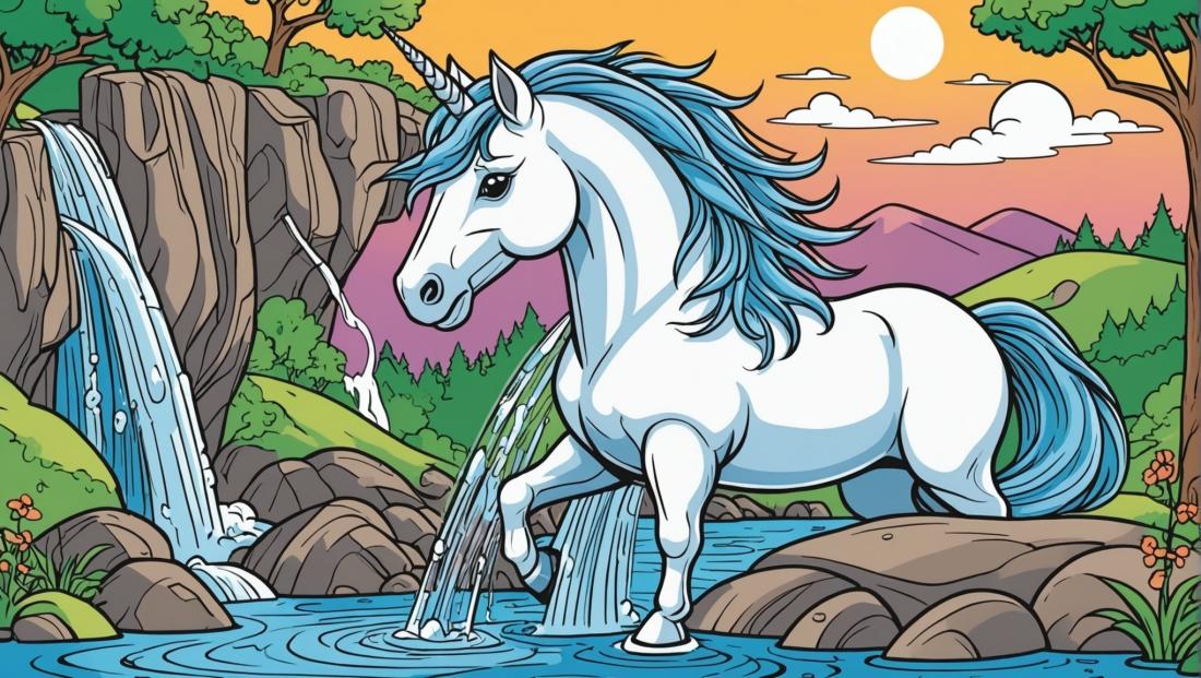 Free coloring page to print Unicorn drinking from a