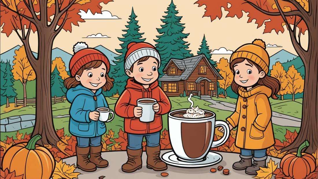 Free coloring page to print Cozy fall scene with hot cocoa.