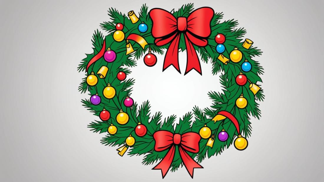 Free coloring page to print Christmas wreath with ribbons and bells.