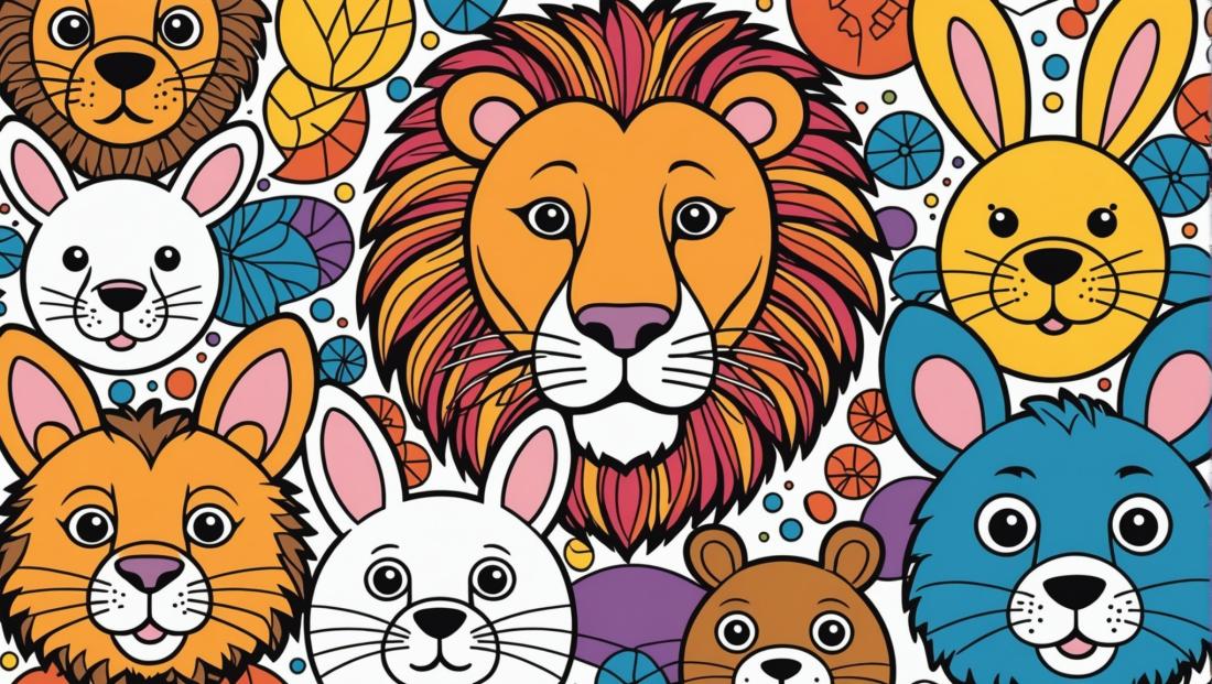 Free coloring page to print An illustration of colorful animal faces 