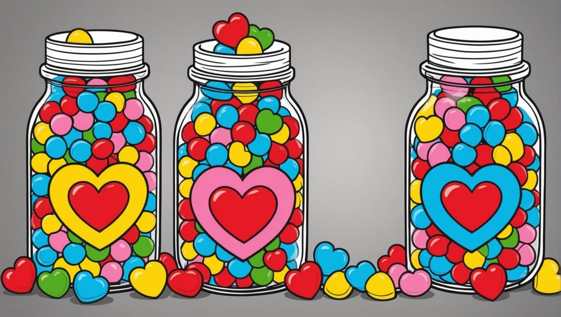 Free coloring page to print Jar filled with heart-shaped candies.