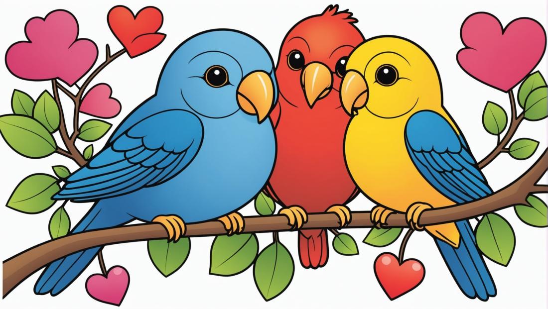 Free coloring page to print Lovebirds perched on a heart branch.