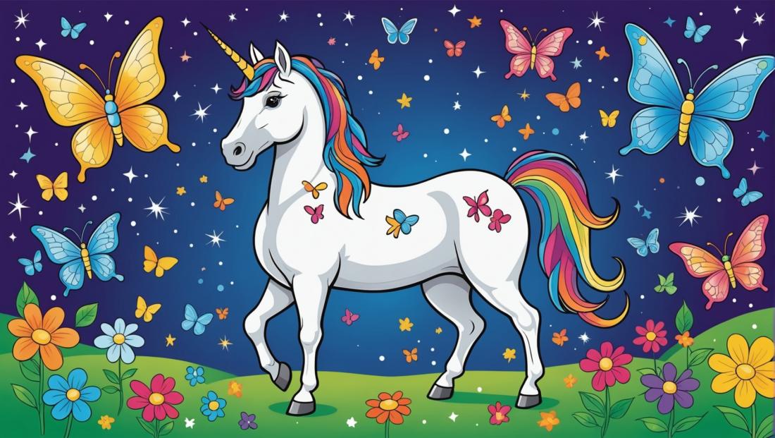 Free coloring page to print Unicorn surrounded by butterflies