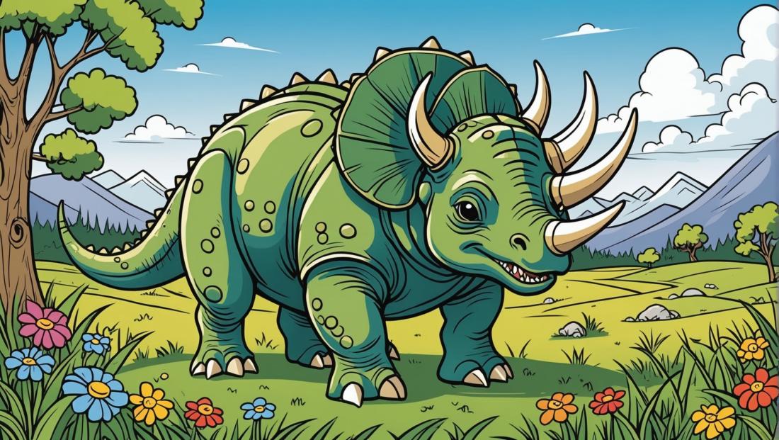 Free coloring page to print Friendly Triceratops playing in