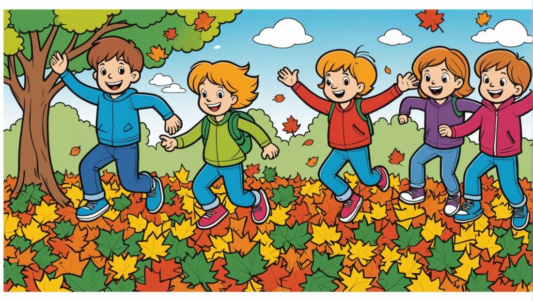 Free coloring page to print Kids jumping in leaf piles.