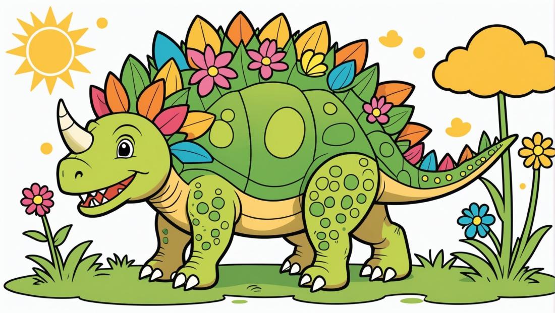 Free coloring page to print Happy Stegosaurus with flowers