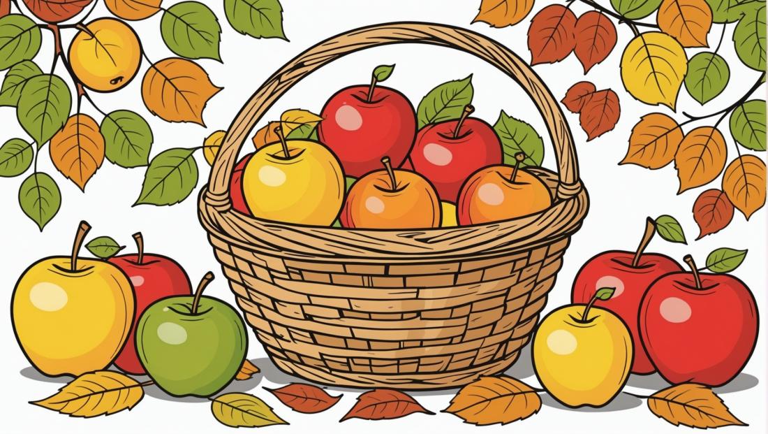 Free coloring page to print Basket of apples and autumn leaves.