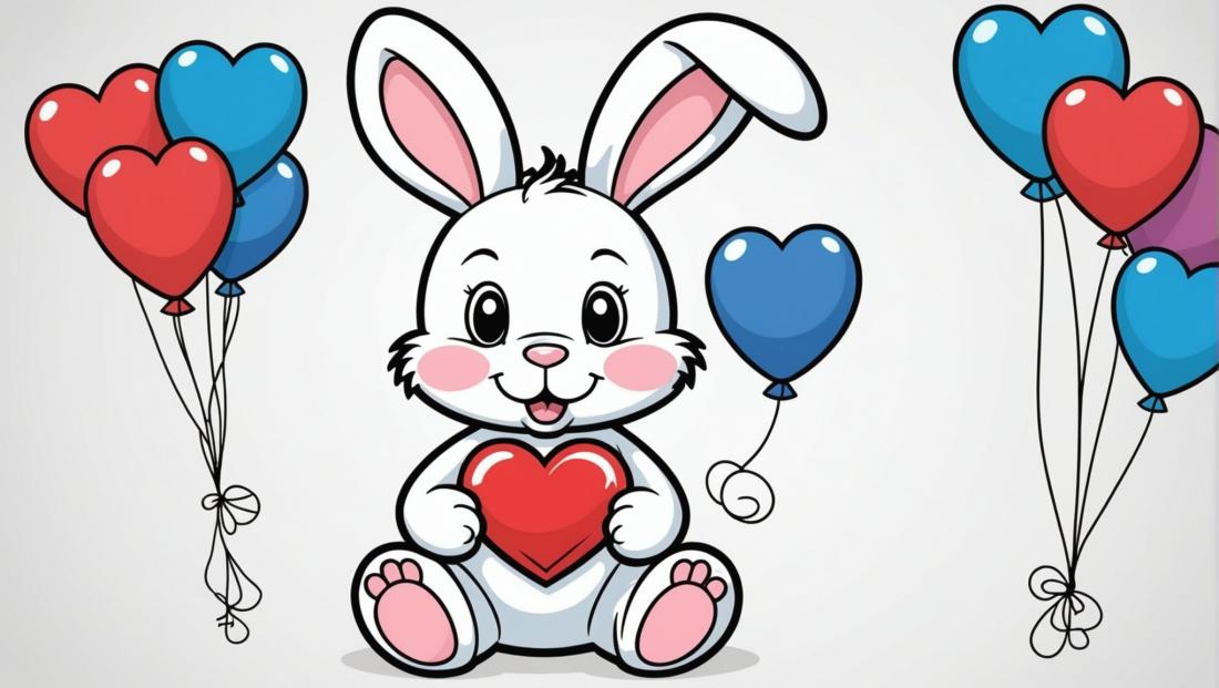 Free coloring page to print Bunny with heart-shaped balloons.