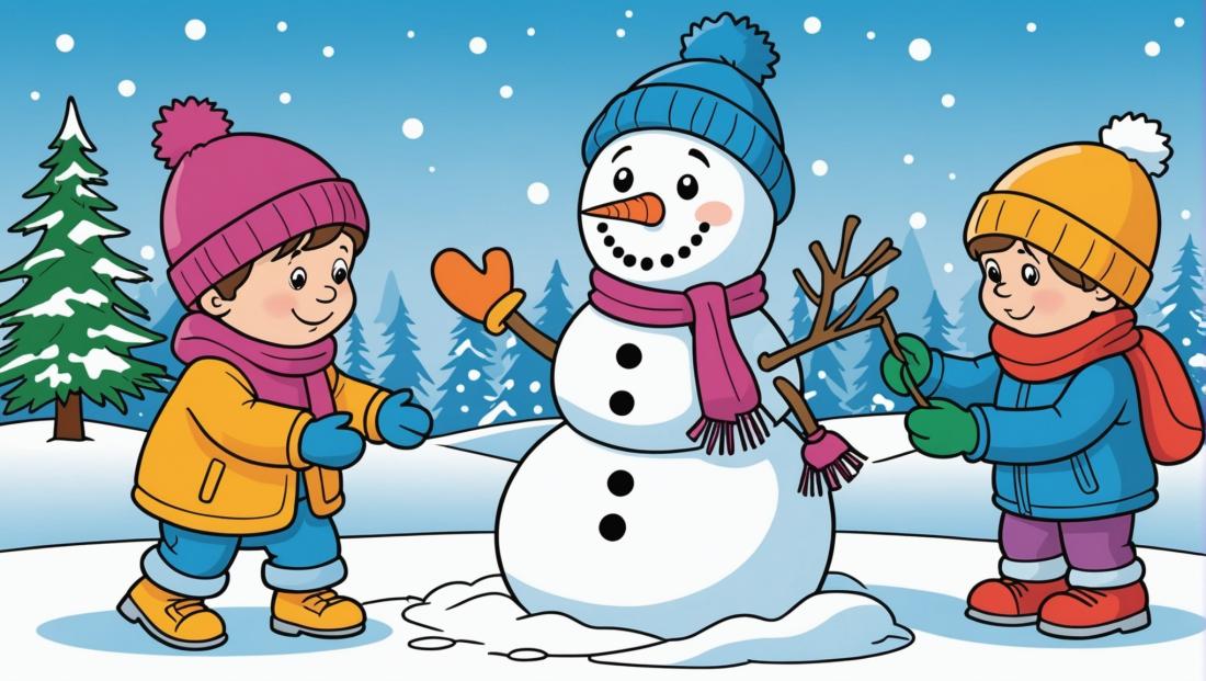 Free coloring page to print Children building a snowman with mittens.