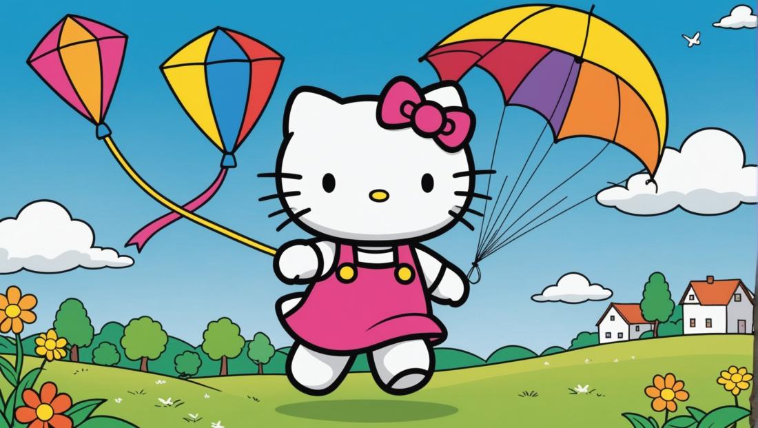 Free coloring page to print Hello Kitty flying a