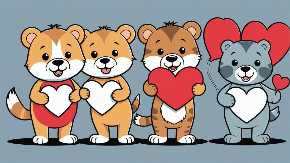 Free coloring page to print Cute animals holding heart-shaped cards.