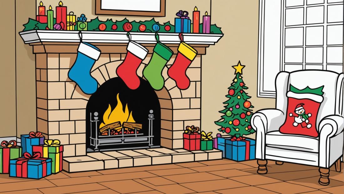 Free coloring page to print Christmas stockings hanging by the fireplace.