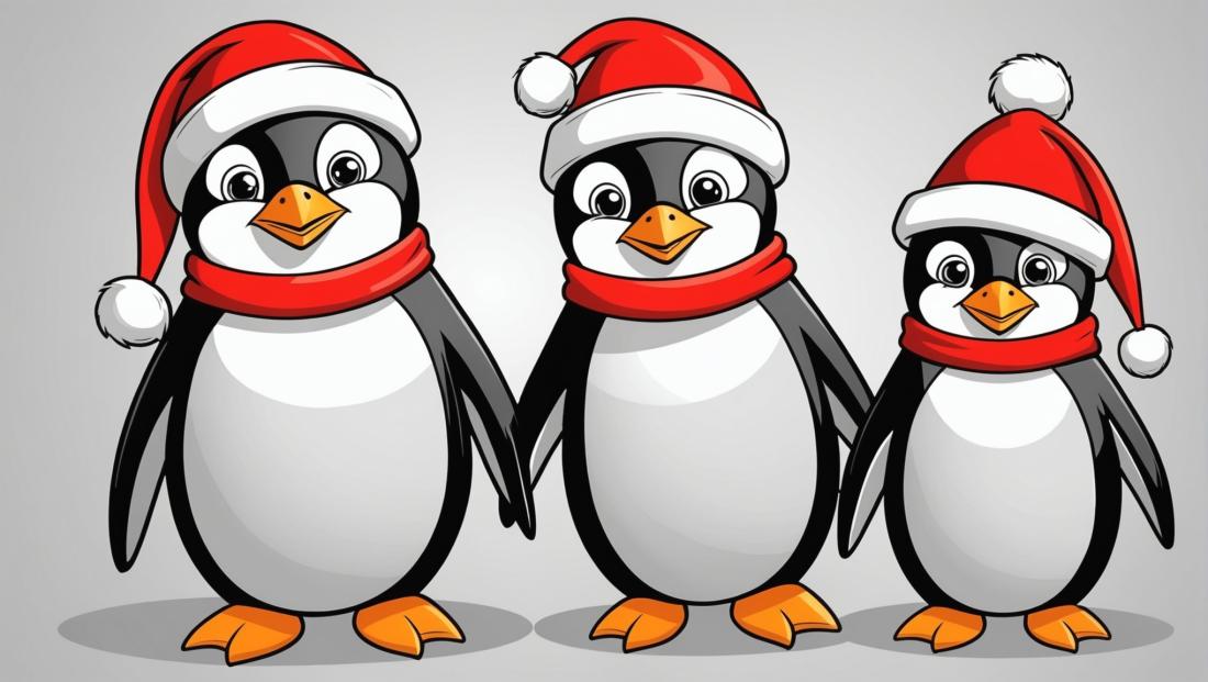 Free coloring page to print Cute penguins in Santa hats.