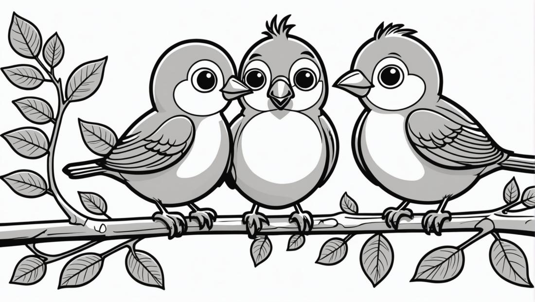 Free coloring page to print Two birds sitting on a heart branch.