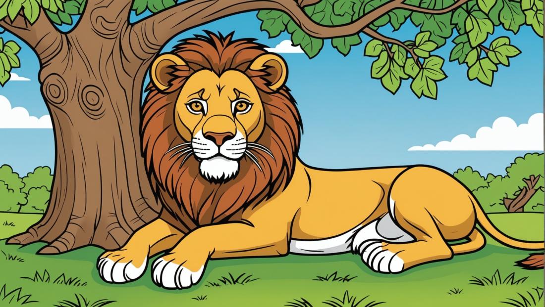 Free coloring page to print Lion resting under a shady tree.